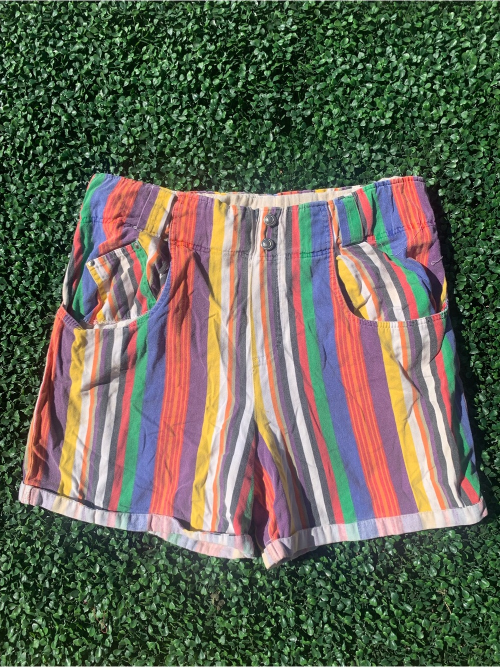 Vintage 80s Kikomo faded primary striped cotton shorts - needs elastic repair